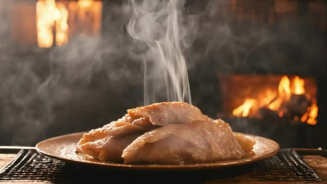 roasted chicken served with a mouthwatering gravy, Closeup of a pan filled with sizzling organic chicken, chicken broast, made with Ai generative technology, stock video, food stock videos, 4k video