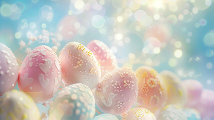 Easter eggs background with bokeh. 3D illustration.