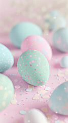 Fototapeta na wymiar Easter eggs with confetti on pastel background, 3d render