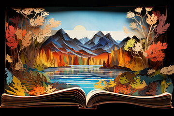 an open book with cut out paper art of mountains and river