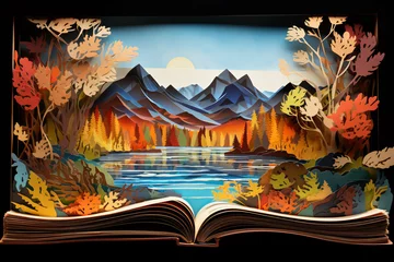 Papier Peint photo Montagnes an open book with cut out paper art of mountains and river
