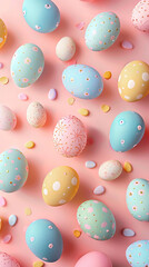Colorful Easter eggs on pastel pink background. 3d render