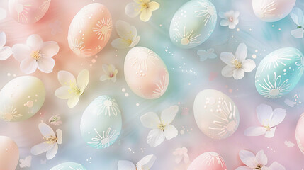 Easter eggs and spring blossom background. 3D illustration.