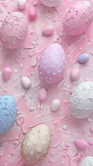 Easter eggs in pastel colors on pink background. 3d render