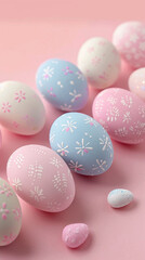 Colorful easter eggs on pastel pink background with copy space.