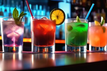 multi-colored cocktails on the bar counter.  blurred background.  bar.