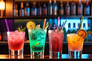 multi-colored cocktails on the bar counter.  blurred background.  bar.