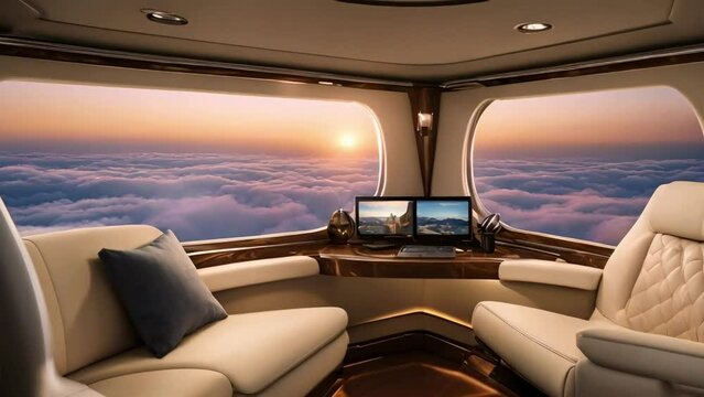 Amidst the luxury and exclusivity of a private jet, business flight, Interior of private luxury business aircraft arranged with several empty leather seats and couches, stock video, seamless loopig