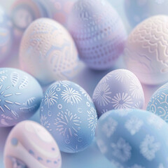 Colorful easter eggs on a soft pastel blue background.