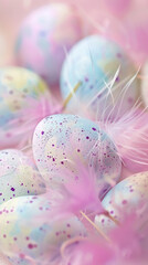 Colorful easter eggs and feathers on pastel pink background.