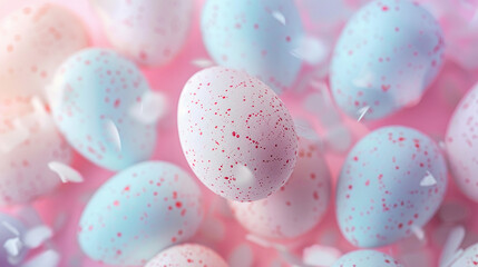 Easter background with pastel eggs and flowers. 3d render
