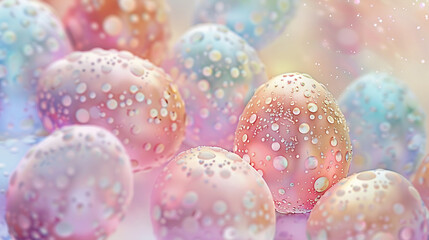 Colorful Easter eggs with water drops. 3d render illustration.