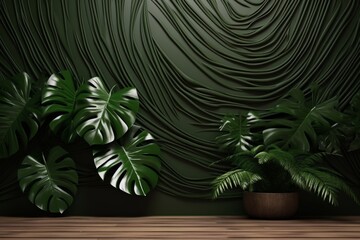 Monstera leaves infuse a wooden backdrop with harmonious green hues, establishing a tranquil and organic decor