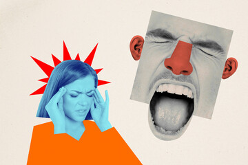Collage young girl suffer loud scream noise psychological disorder mental issue screaming man face...