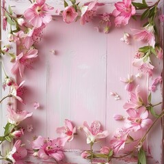 Fototapeta premium wooden frame adorned with a burst of vibrant flowers