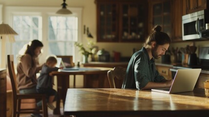 Balancing Work and Life at Home: parent working on a laptop at a kitchen table while children play nearby