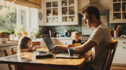Balancing Work and Life at Home: parent working on a laptop at a kitchen table while children play nearby