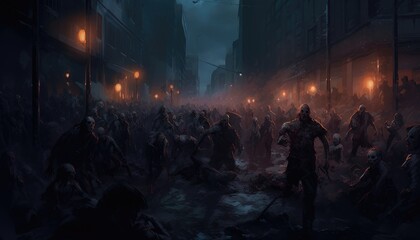 zombie crowd walking at night,halloween - obrazy, fototapety, plakaty