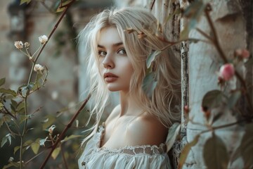 Beautiful Blonde Woman Background in the Style with Nature Reclaiming the Ruins of Civilization around Her with Vines and Wildflowers created with Generative AI Technology