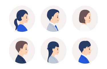 ビジネスパーソン男女の右横向き顔アイコンセット【人物ベクターイラスト素材】
