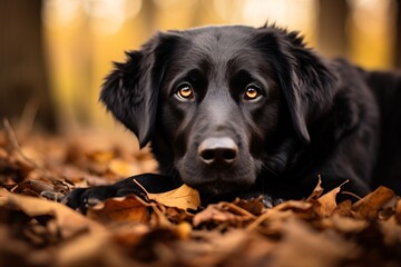 a black dog lying on leaves