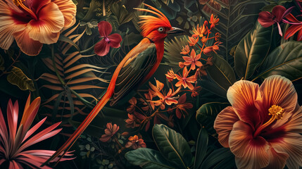Paradise bird on exotic floral background, fantasy colorful illu