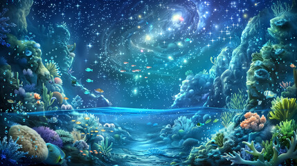 Fantasy night seascape, glowing marine life, starry sky