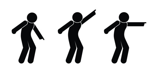 man shows direction with finger, gesture up, down and forward, stick figure people