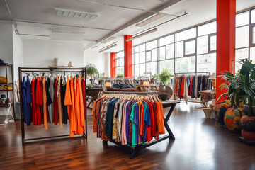  second-hand vintage store with colorful fashion and chic decor.