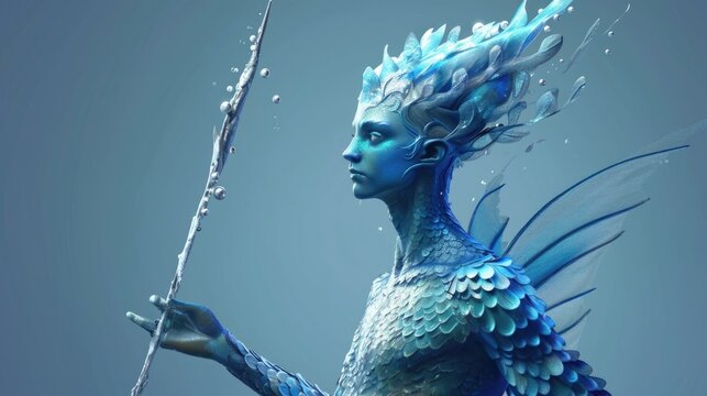 Cartoon digital avatars of Undersea Merfolk Nonbinary, with blue and silver scales, sleek features, and a pearl staff