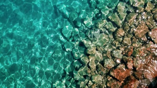 Top view of a wonderful beach on the Mediterranean coast, fascinating view of the Black Sea, Blue sea Slow motion 4K