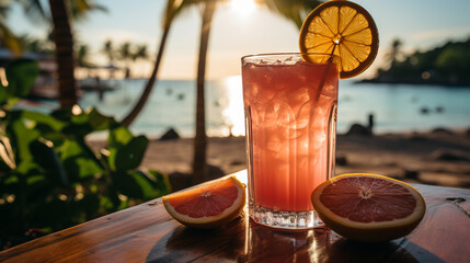 A glass of tangy grapefruit limeade with fruit slice beside it at beach