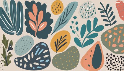 Set of various abstract shapes, doodles and plants. Hand drawn doodles. Modern contemporary fashion illustration. Flat design, hand drawn cartoon, vector