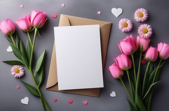 Mockup for a greeting card. Blank greeting card on a table with flowers. Valentine's Day, Birthday, Happy Women's Day, Mother's Day. Stylish invitation card layout, postcard, frame or banner template