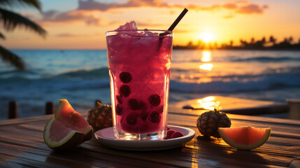 A glass of vibrant dragon fruit juice with dragon pieces on table with beach background
