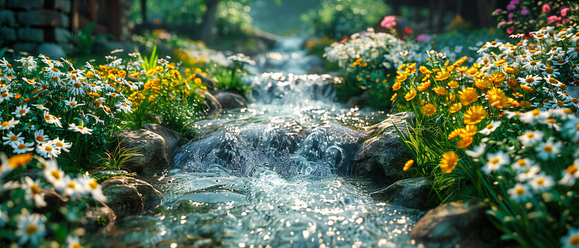 Serene Nature Scene with Waterfall and River in Forest, Green Mossy Rocks, Tranquil Travel Destination