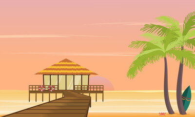 Beach hut or bungalow on tropical island resort with wooden bridge at sunset. Vector illustration.