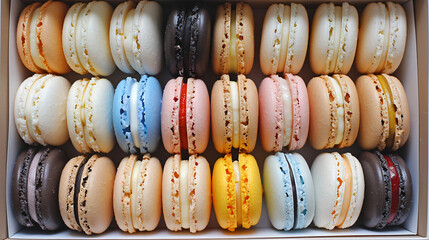 Assortment of gentle colorful macaroons in box close