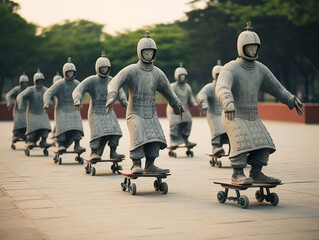 Obraz premium Skateboarders performing tricks among the Terracotta Army using smartphones to navigate and record
