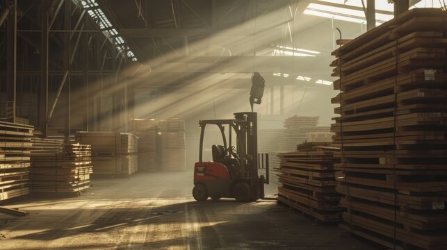 Forklift stacking planks inside lumberyard warehouse