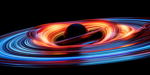 A black hole distorting space time. | Neon futuristic flashes circles stripes on black background.