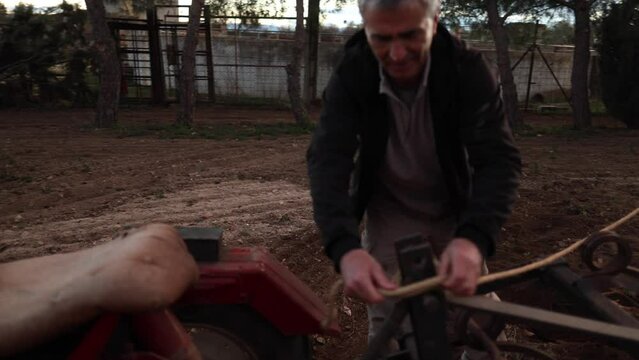 senior man with rope to uproot tree with tractor