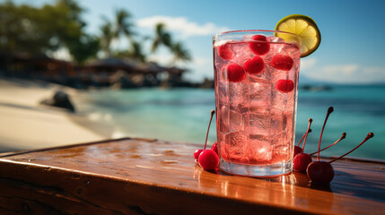 A tall glass of refreshing cherry limeade adorned with cherry on table at beach 