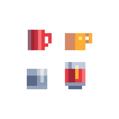 Cup for tea, juice and coffee icons set. Pixel art. Isolated vector illustration. Retro video game sprite.  Old school computer graphic style.