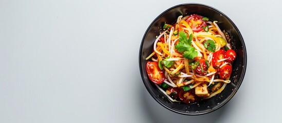 A black bowl is filled with a savory mix of noodles, assorted vegetables, and Thai papaya salad seen from above on a white surface. The dish appears spicy and inviting.