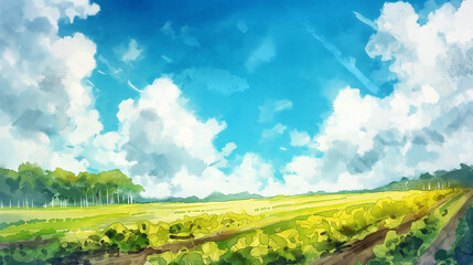 青空と畑の水彩画