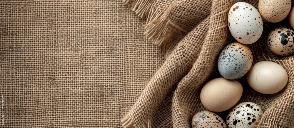 Poster a collection of small quail eggs arranged neatly atop a textured burlap background, creating a simpl