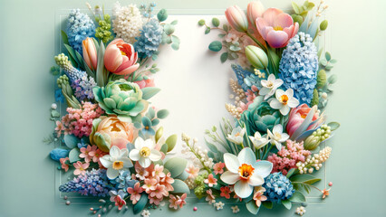 A lush, floral banner showcasing a variety of spring blooms with a tranquil background, perfect for a spring-themed layout. Space for Text - 748018220