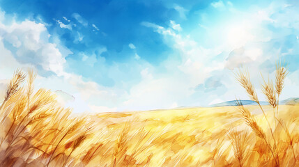 麦畑と空の水彩画