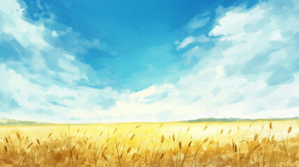 麦畑と空の水彩画